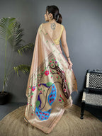 Joban Fashion Peach Peacock & Floral Motifs Tissue Paithani Saree - Distacart