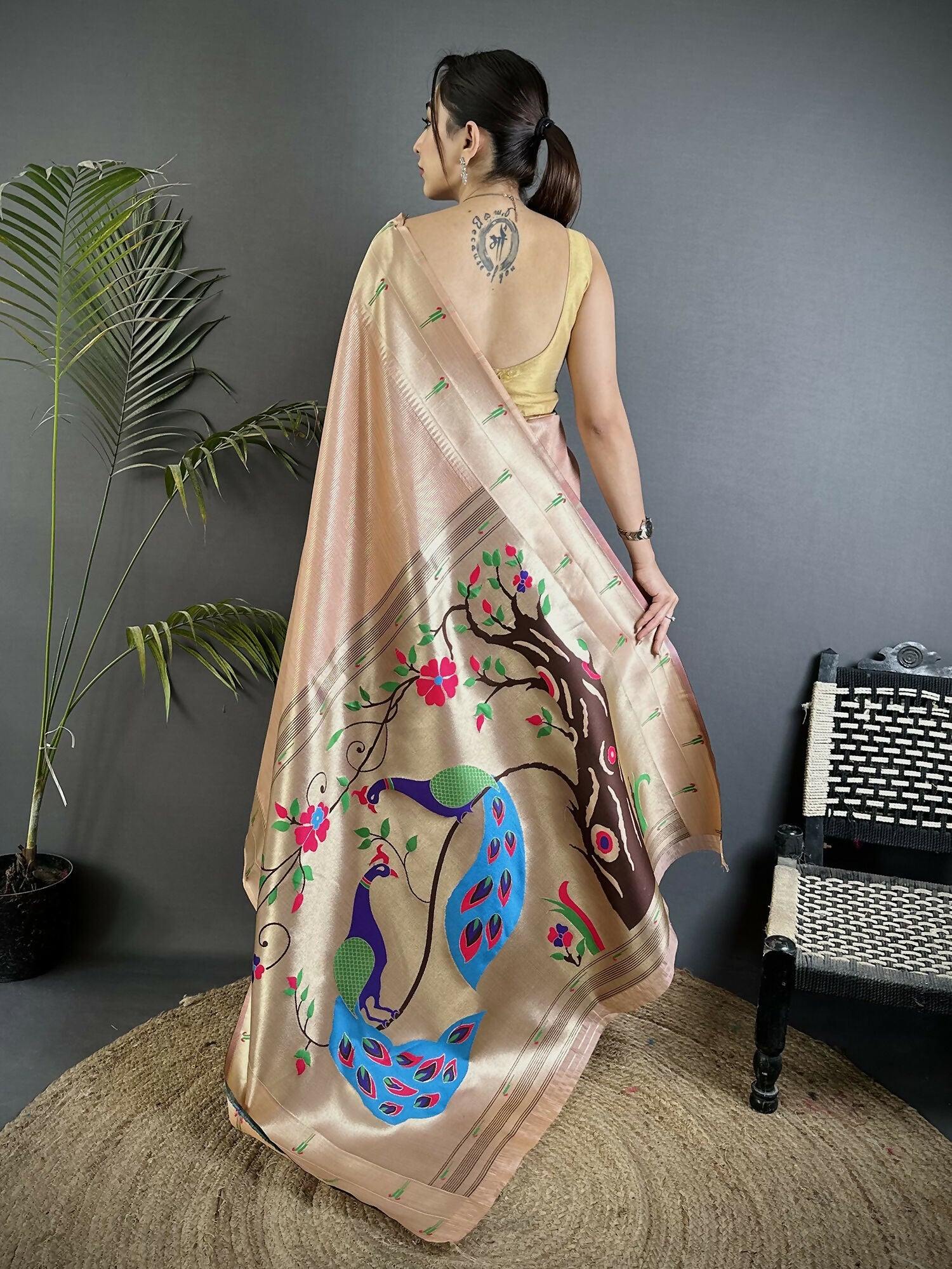 Joban Fashion Peach Peacock & Floral Motifs Tissue Paithani Saree - Distacart