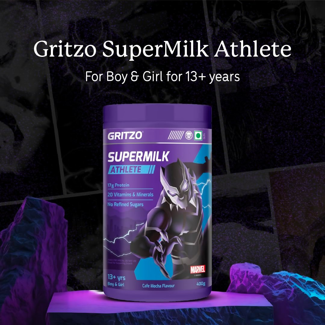Gritzo SuperMilk Athlete Black Panther (13+y Boy & Girl), 17g Protein Powder (Cafe Mocha)