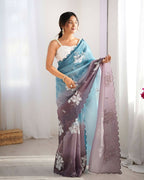 Sky Blue and Grey Crunchy Crush Pedding Color Embroidery Work Party Wear Saree - Zuleika