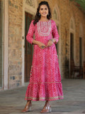 Juniper Women's Fuschia Printed Embroidered Mirror Work Sequin Cotton Flared Dress - Distacart