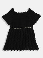 Chutput Kids Woollen Hand Knitted Full Sleeves Cardigan With Short Sleeves Flower Work Dress For Baby Girls - Grey