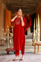 Juniper Women Fuchsia Velvet Embroidered Straight Kurta Sets - Distacart