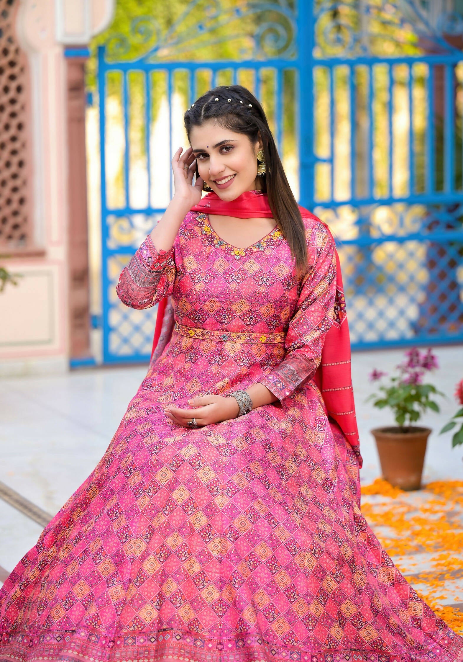 Functional Designer Dark Pink Dola Silk Anarkali suit with Dupatta - Ramya