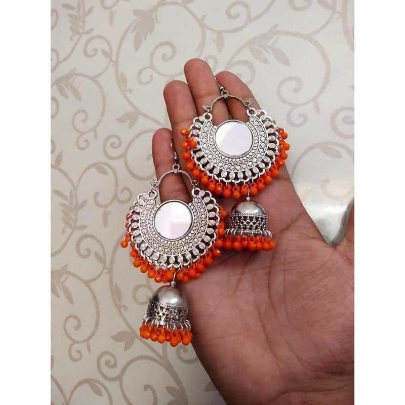 Orange Color Alloy Drops And Mirror Hanging Jhumka Chandbali Earrings
