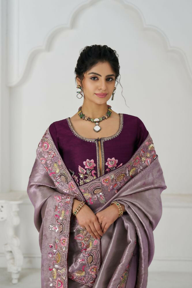 Kesar Fab Stunning Mauve Color With Multi-Thread And Sequins Embroidery Saree