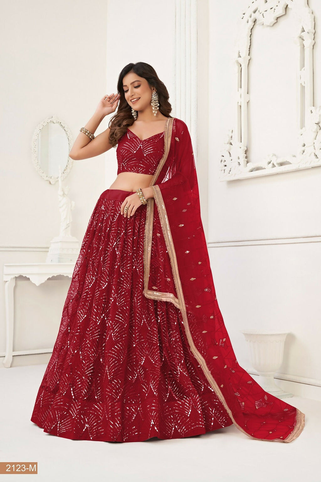 Eilara Maroon Thread Sequin Embroidered Net Lehenga Set