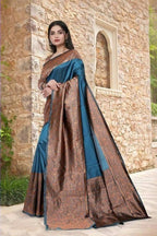 DEIANA'S Beautiful Designer Golden zari Soft Lichi Silk Saree - Teal
