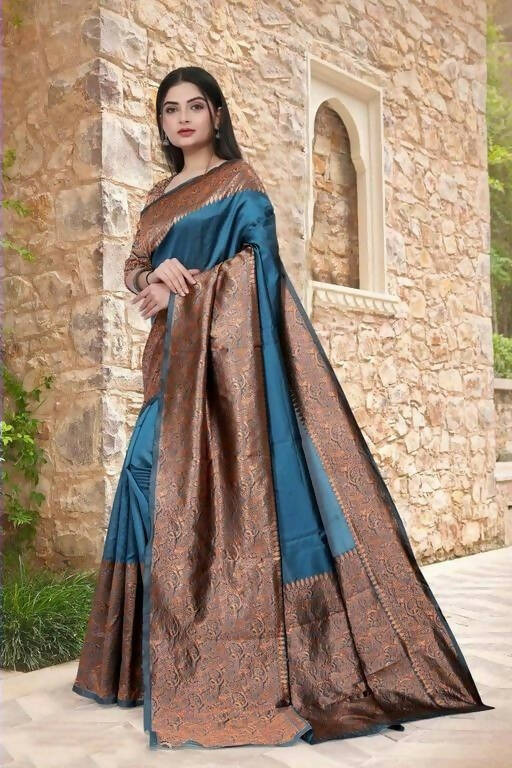 DEIANA'S Beautiful Designer Golden zari Soft Lichi Silk Saree - Teal