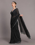 Suta Black White Polka Dots Printed Pure Cotton Saree - Distacart