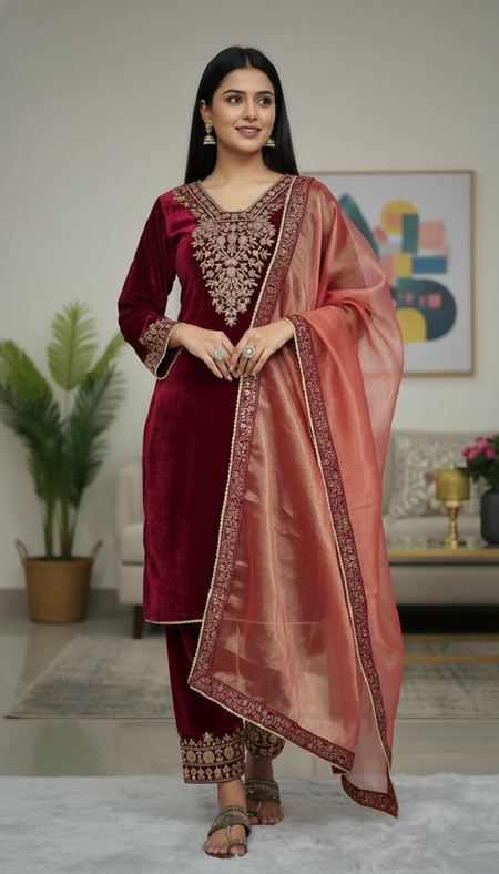 Joban Fashion Maroon Velvet Embroidery Sequence Work Readymade Kurta Set