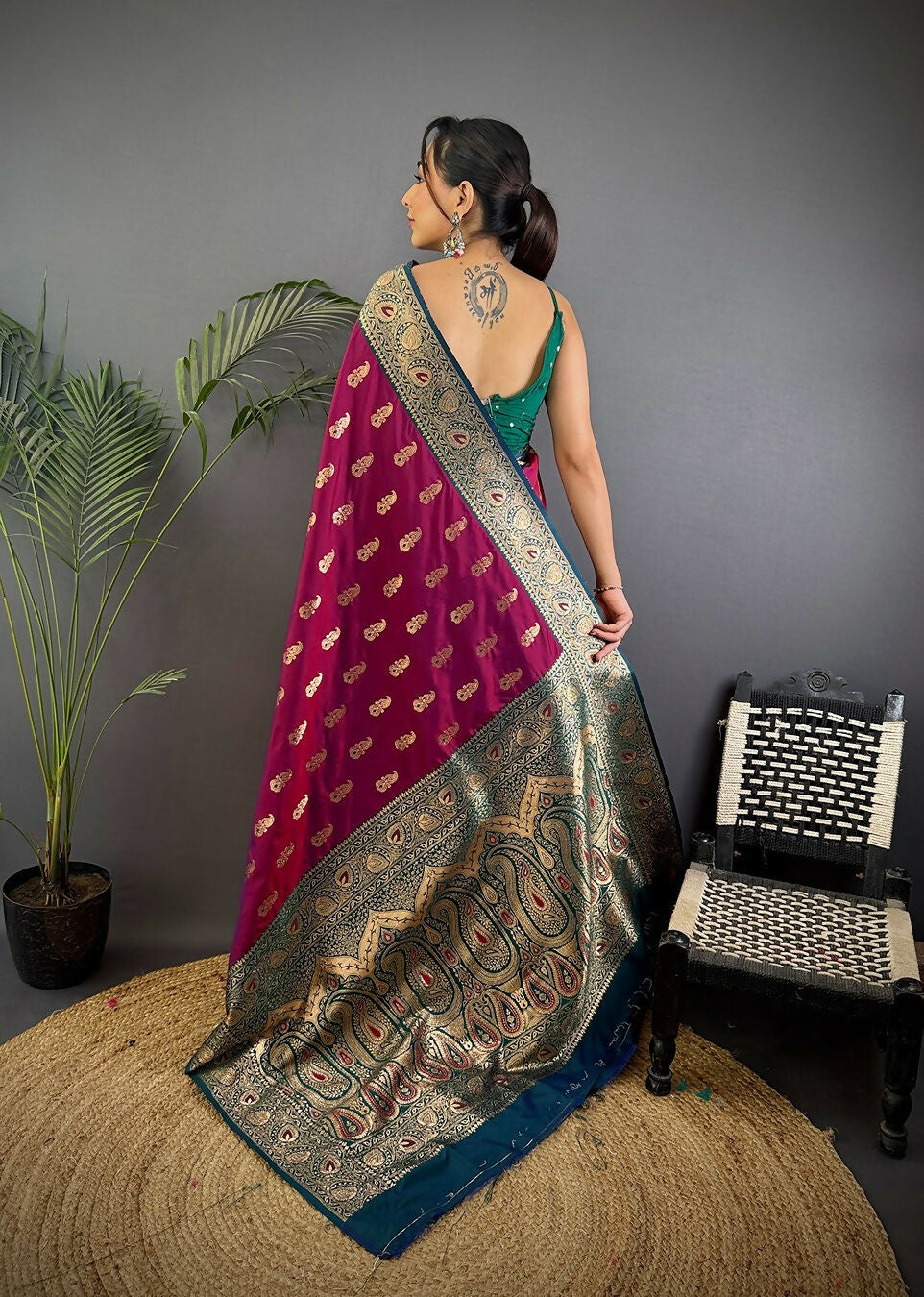 Joban Fashion Banarasi Wine Woven Butti Soft Silk Saree - Distacart
