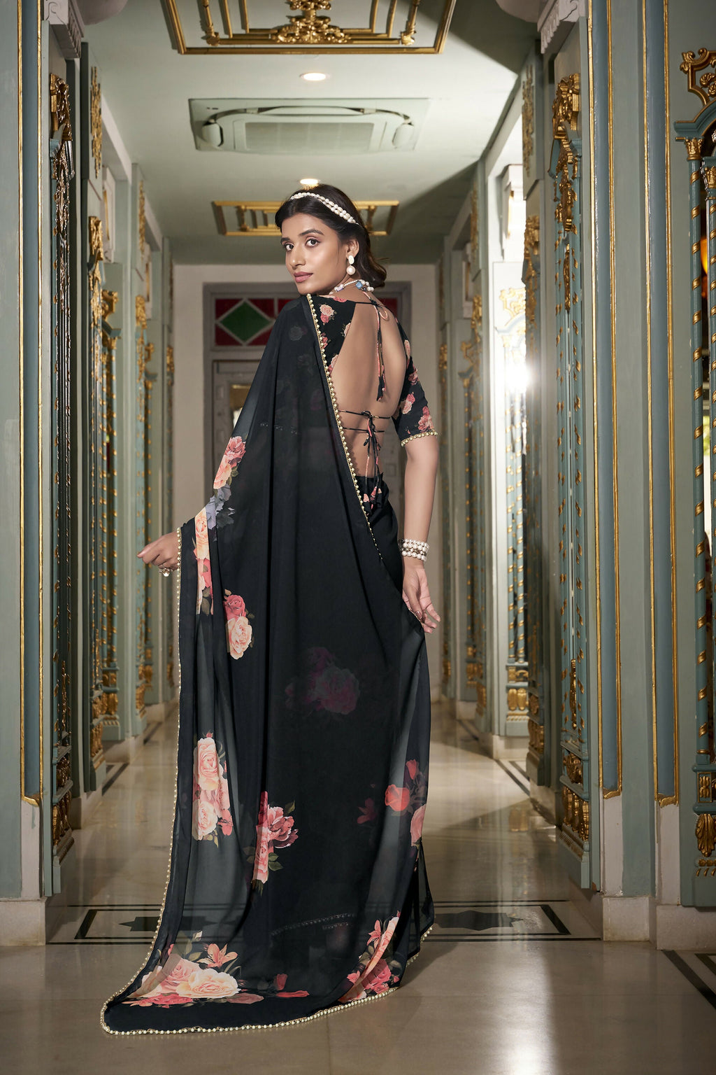 Vastranavya Black Spectacular Georgette Printed with Pearl Lace Saree with Unstitched Blouse - Distacart