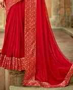 Red Vichitra Stone Work Saree With Unstitched Blouse Piece - Rosy