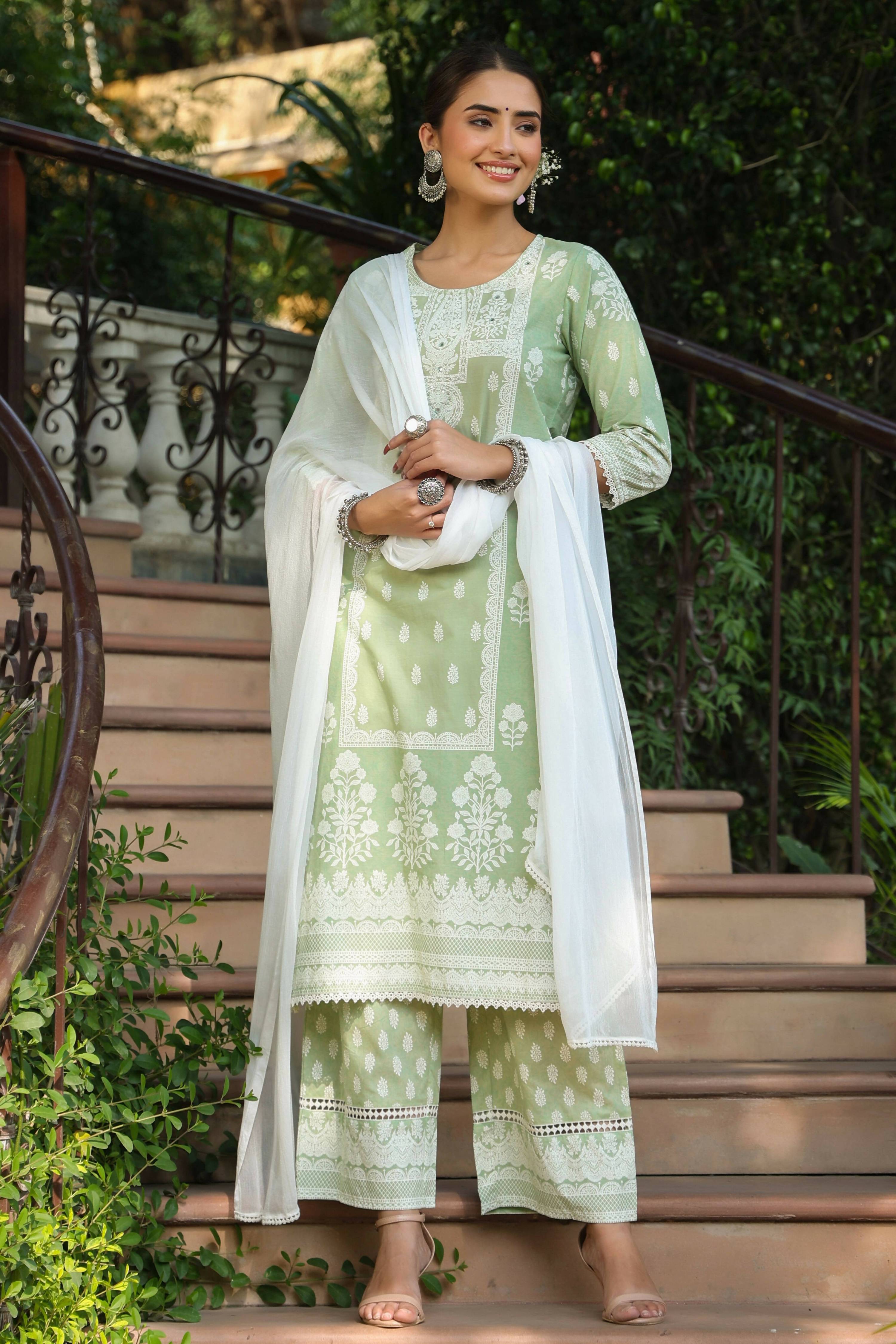 Juniper Women's Green Cambric Printed Straight Kurta Sets - Distacart