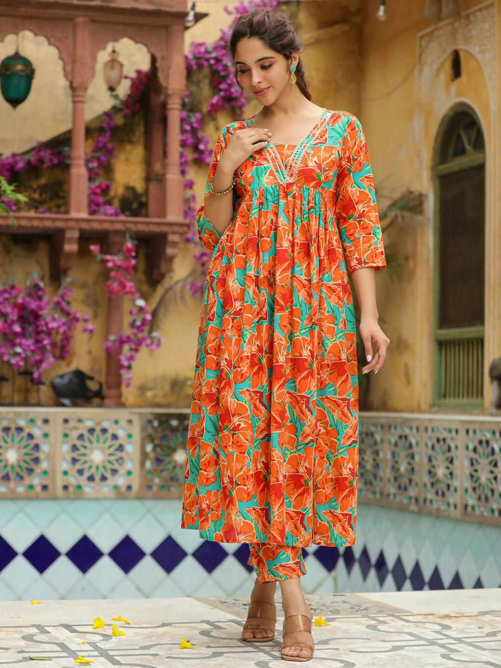 Janasya Orange Cotton Floral Kurta & Bottom