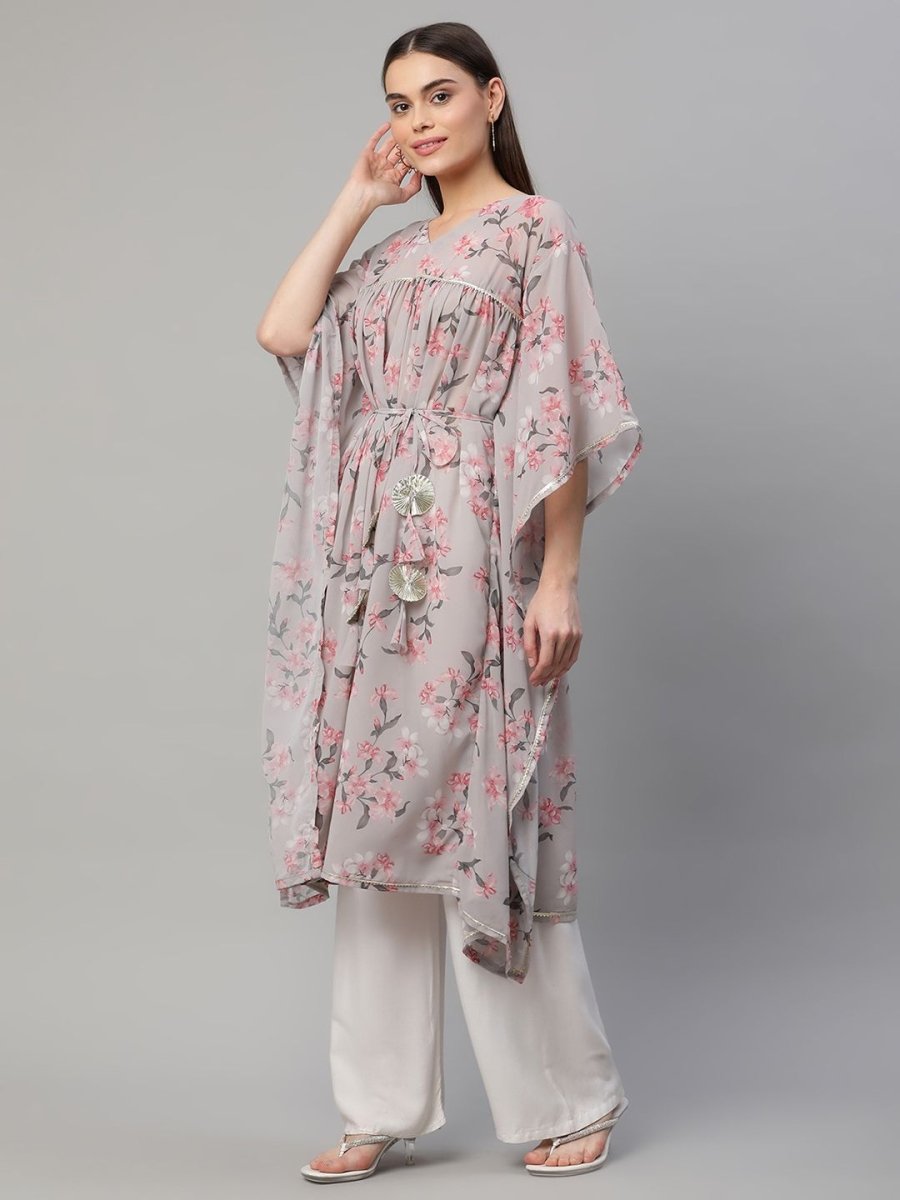 Ahalyaa Women Grey Georgette Floral Printed Kaftan Kurta - Distacart