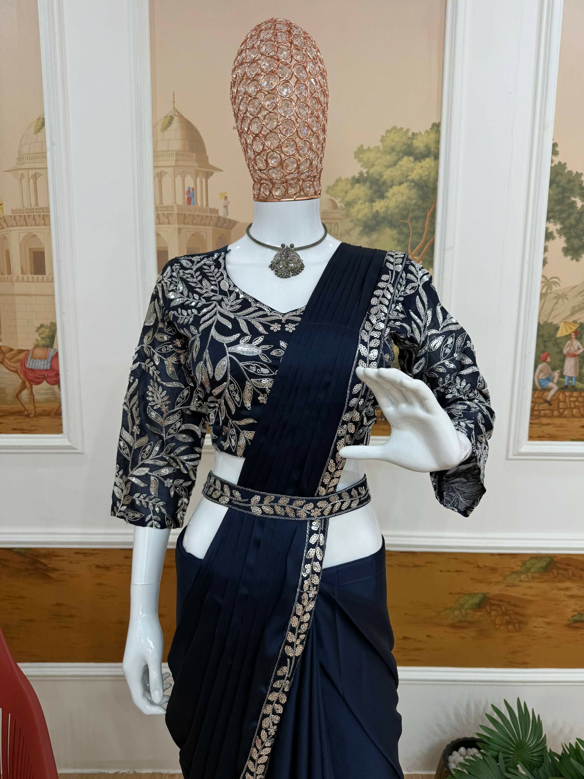 Teeya Creation Dark Blue Color Rangoli Silk Trending Ready To Wear Saree With Belt - Distacart
