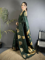 Joban Fashion Bottle Green Motifs Zari Weaving Soft Silk Banarasi Saree