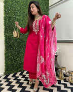 The52 Rani Women's Beautiful Viscose Chanderi Fabric Embroidered Work Straight Kurta Pant and Dupatta Set - Distacart