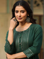 Juniper Women's Green Festive Embroiderd Flared Dress - Distacart