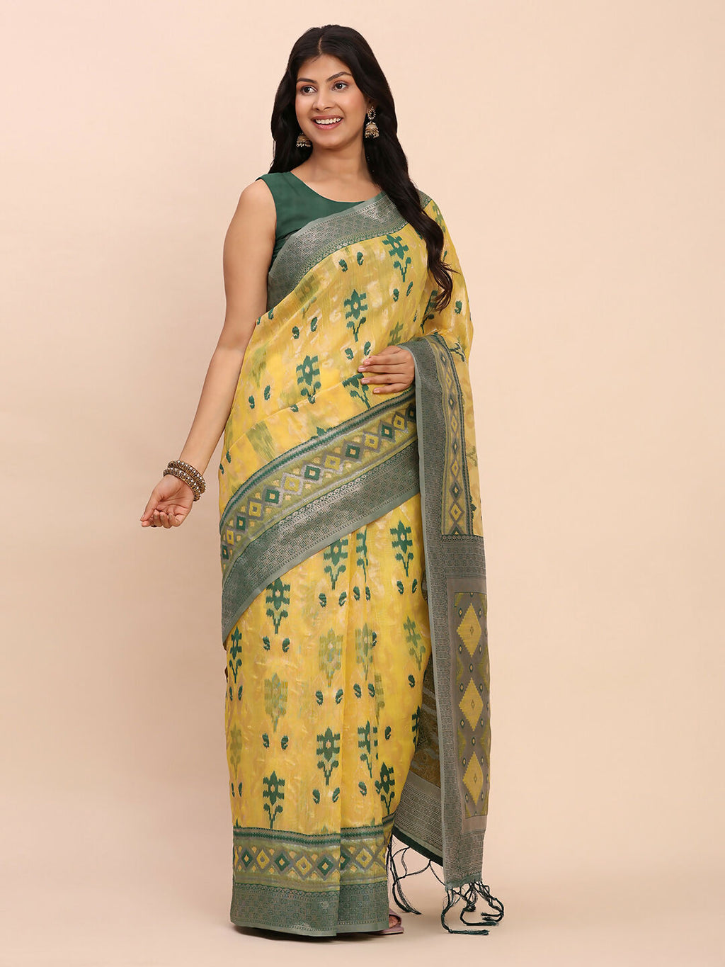 Shree Shyam Fashion Linen Cotton Yellow Saree - Distacart