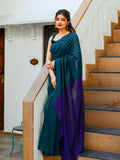Zibaa Hand-Dyed Mul Cotton Peacock Green Saree with Tassels - Distacart