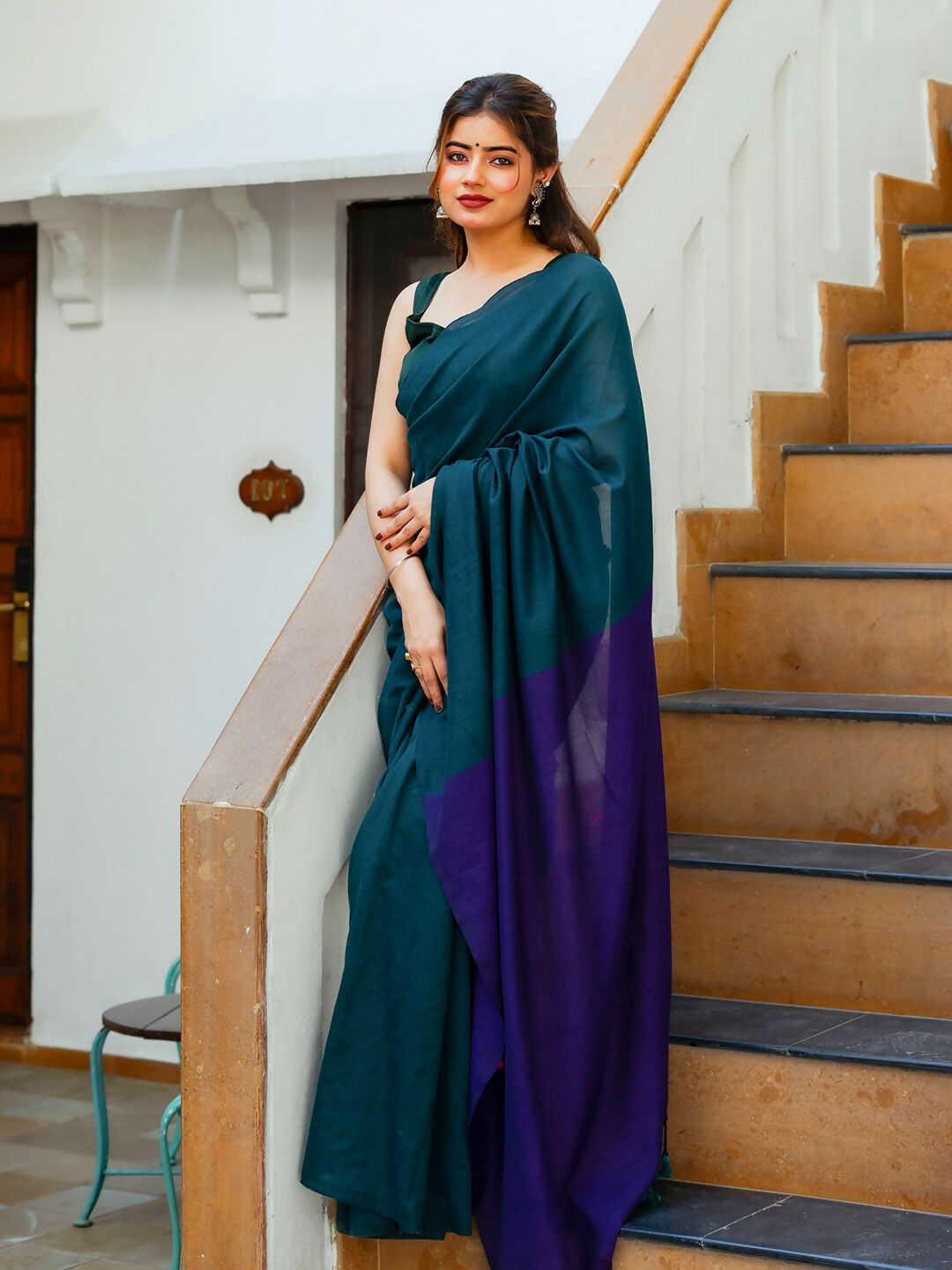 Zibaa Hand-Dyed Mul Cotton Peacock Green Saree with Tassels - Distacart