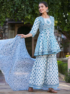 Juniper Women's Blue Cotton Cambric Floral Placement Printed Anarkali Kurta Sharara & Dupatta Set - Distacart
