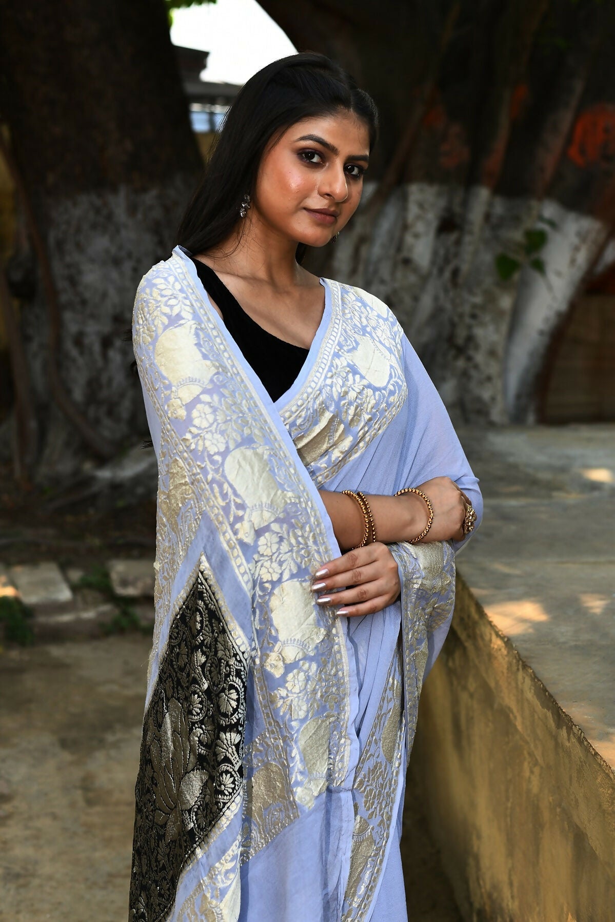Joban Fashion Silver Crepe Chiffon Pure Handloom Banarasi Silk Saree