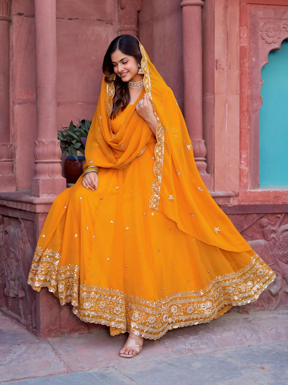 The52 Women's Beautiful Faux Georgette Fabric Embroidery Work Flared Anarkali Pant and Dupatta Set - Distacart