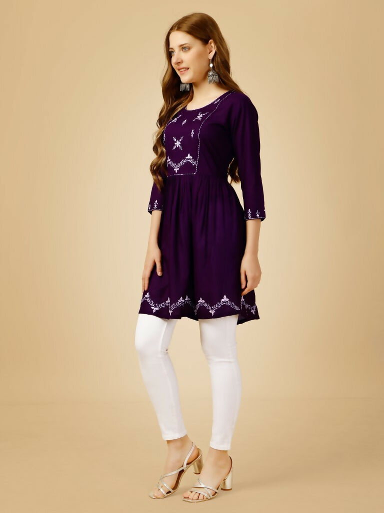 Jyoti Fashion Women's Purple Viscose Rayon Embroidered Casual Top