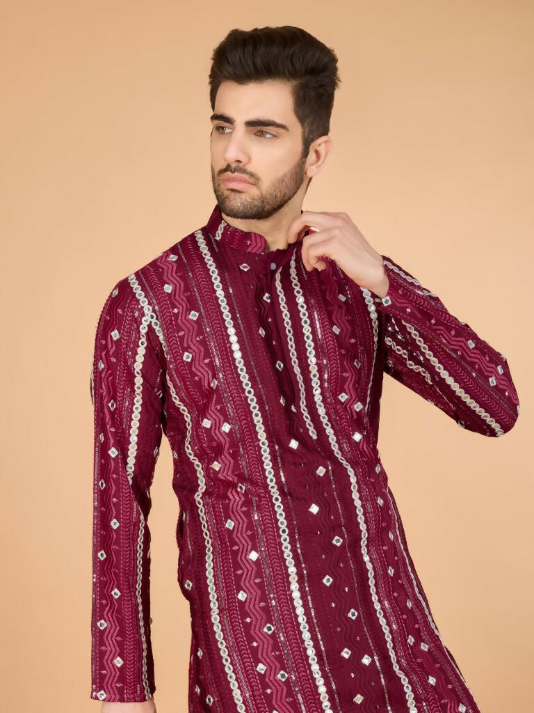 Vastranavya Maroon Exclusive Festival Wear Pure Viscose Rayon Sequence & Foil Mirror Heavy Embroidered Work Kurta
