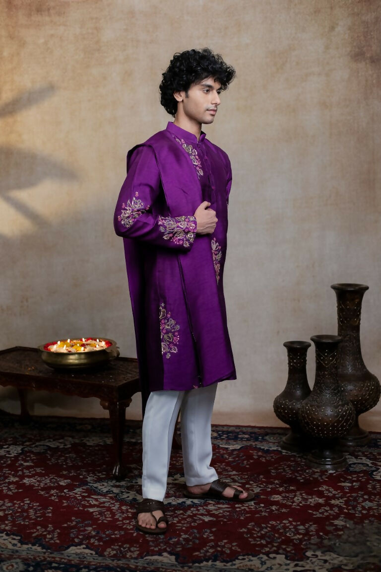 Falling Raw Silk Purple Mayura Cham Set By Hilo Design