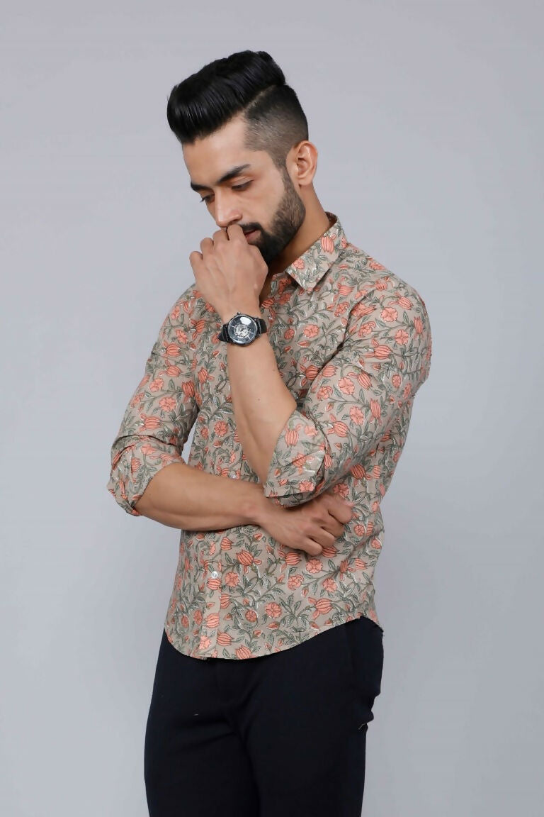 Miravan Men's Beige Comfort Floral Printed Casual Shirt