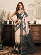 Joban Fashion White & Grey Ethnic Motifs Linen Ready To Wear Saree With Unstitched Blouse - Distacart