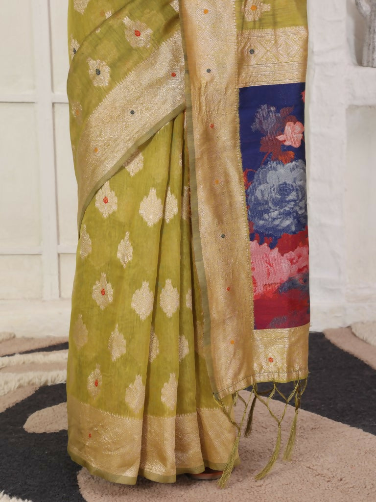 Shree Shyam Fashion Linen Cotton Mhendi Green Saree - Distacart