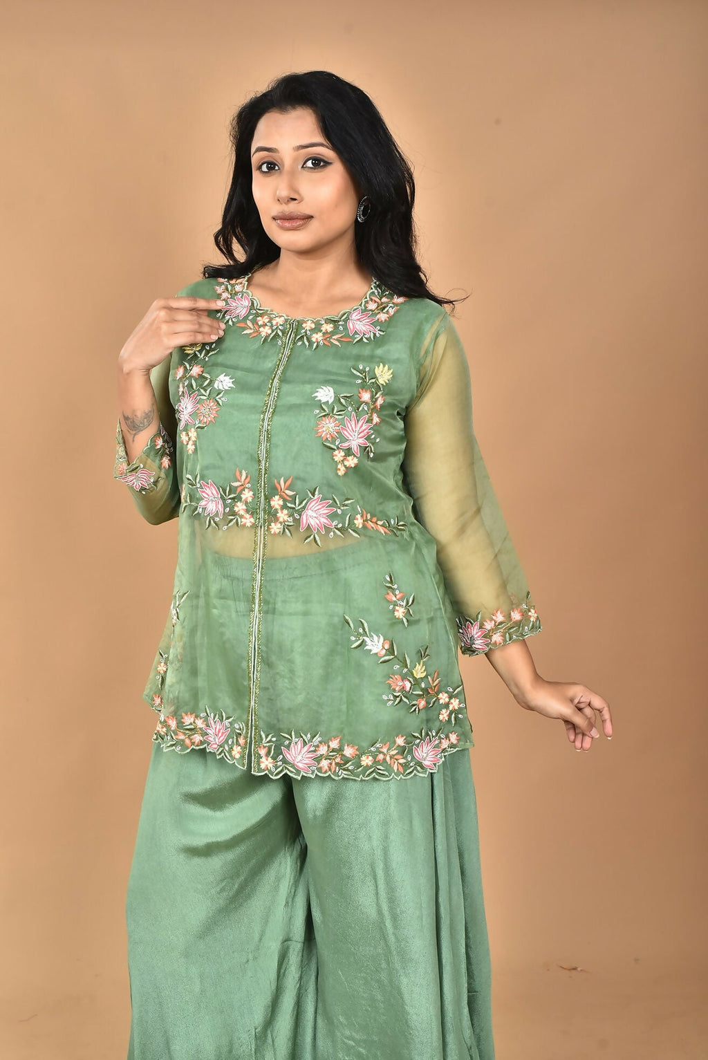 Morchari Women And Hand Embroidery Palazzo Set-Green