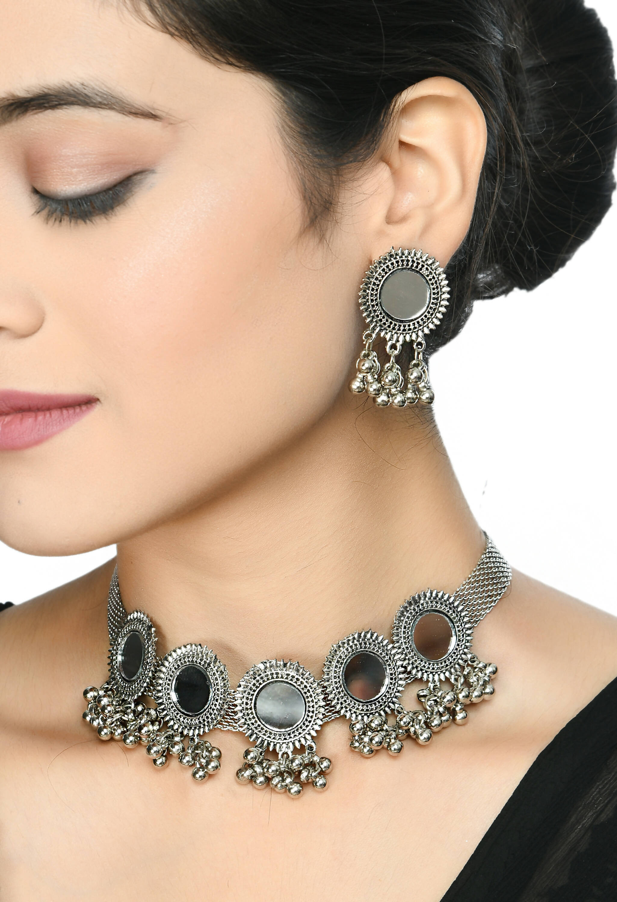 Mominos Fashion Johar Kamal Silver-Plated Brass Finish Mirror Work Women Choker - Distacart