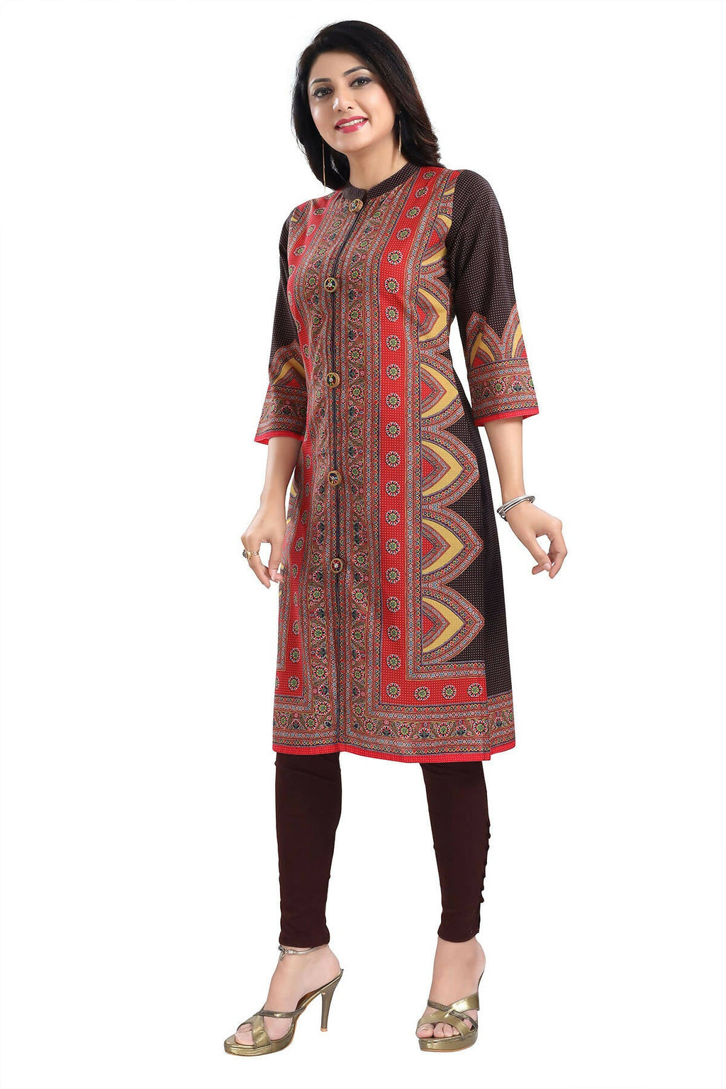 Snehal Creations Bombastic Brown Designer Digital Print Cotton Slub Fabric Long Kurti Tunic - Distacart