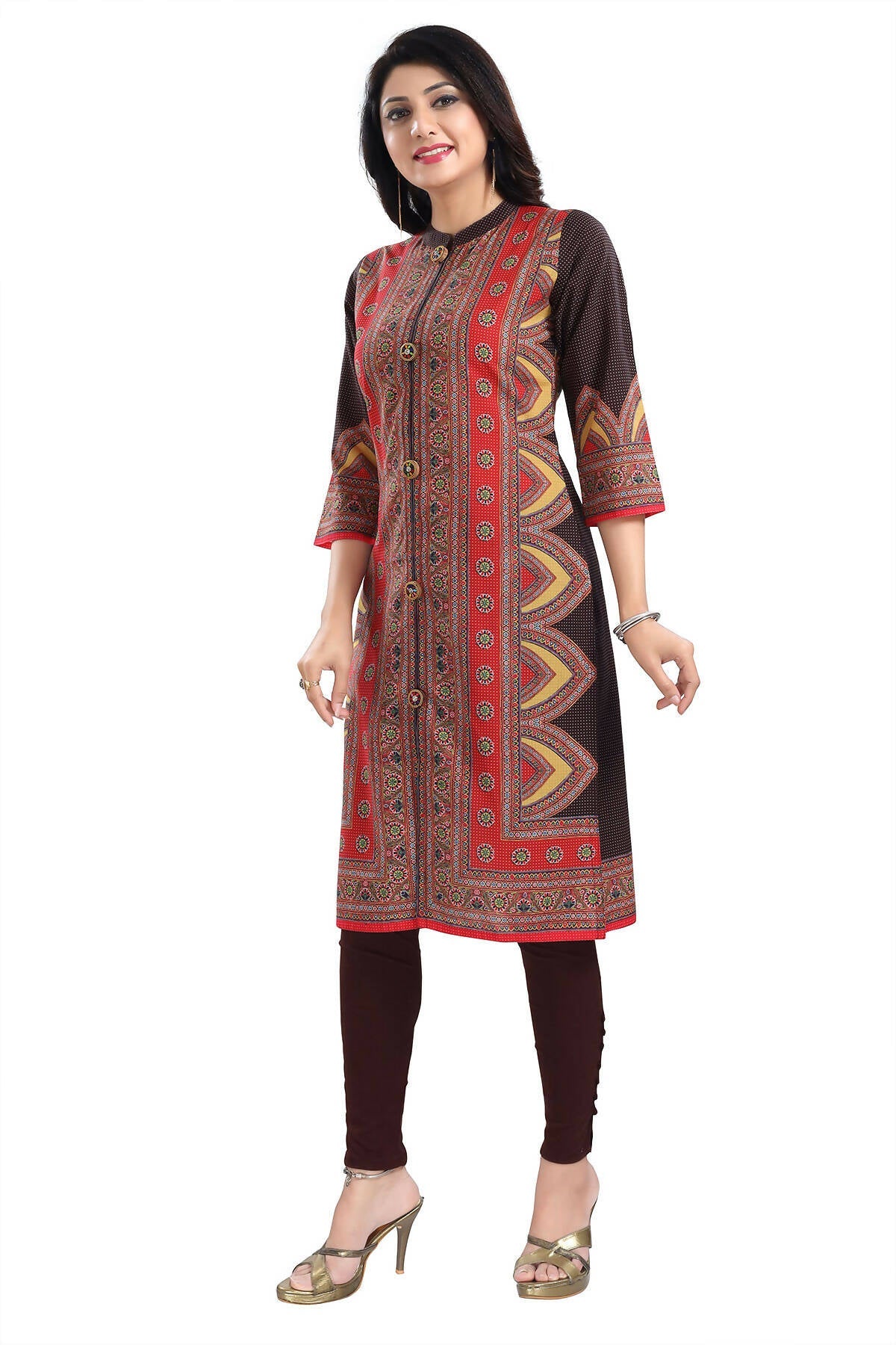 Snehal Creations Bombastic Brown Designer Digital Print Cotton Slub Fabric Long Kurti Tunic - Distacart