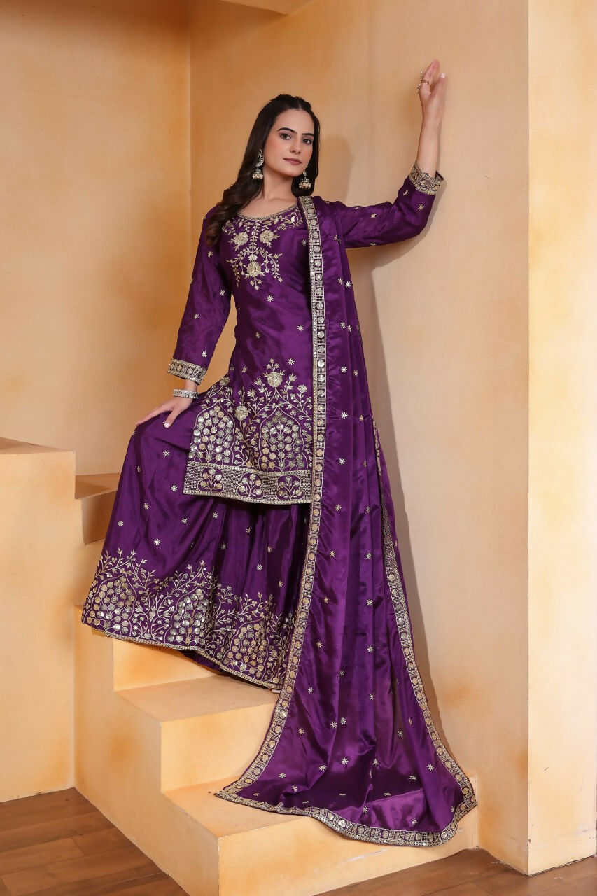 Joban Fashion Purple Silk Embroidered Sharara Set - Distacart