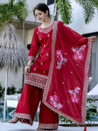 The52 Red Women's Gorgeous Embroidered Vichitra Silk Fabric Straight Kurta, Sharara and Dupatta Set - Distacart