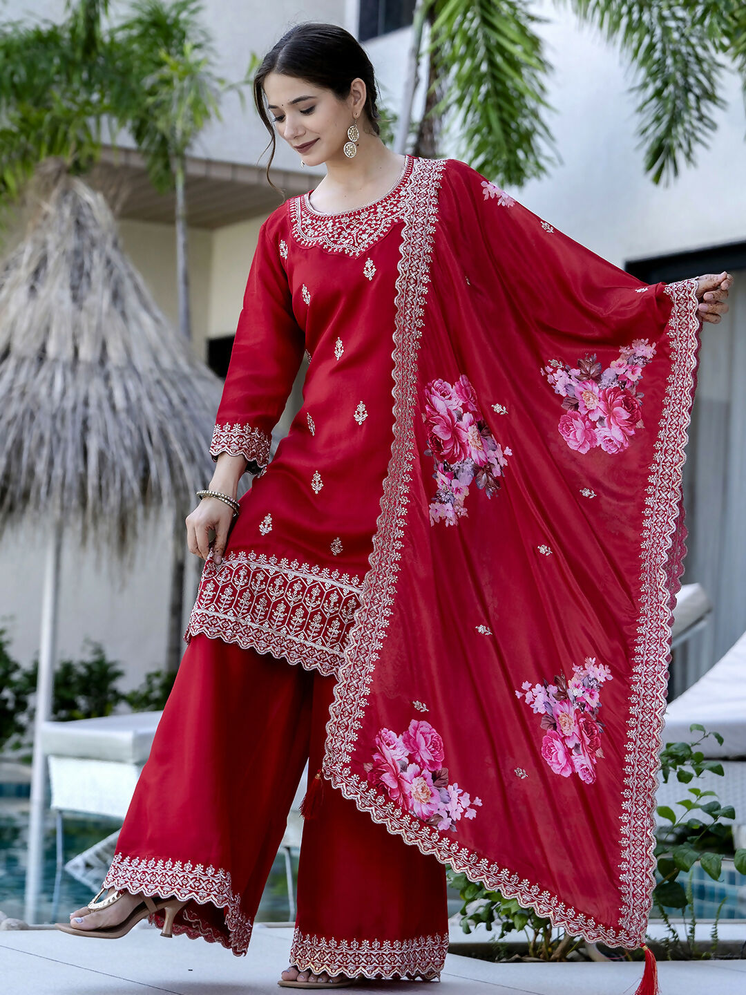 The52 Red Women's Gorgeous Embroidered Vichitra Silk Fabric Straight Kurta, Sharara and Dupatta Set - Distacart
