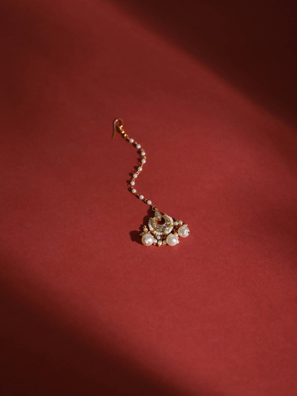 Gold-Plated White Kundan-Studded Beaded Layered Maang Tikka - Ruby Raang - Distacart