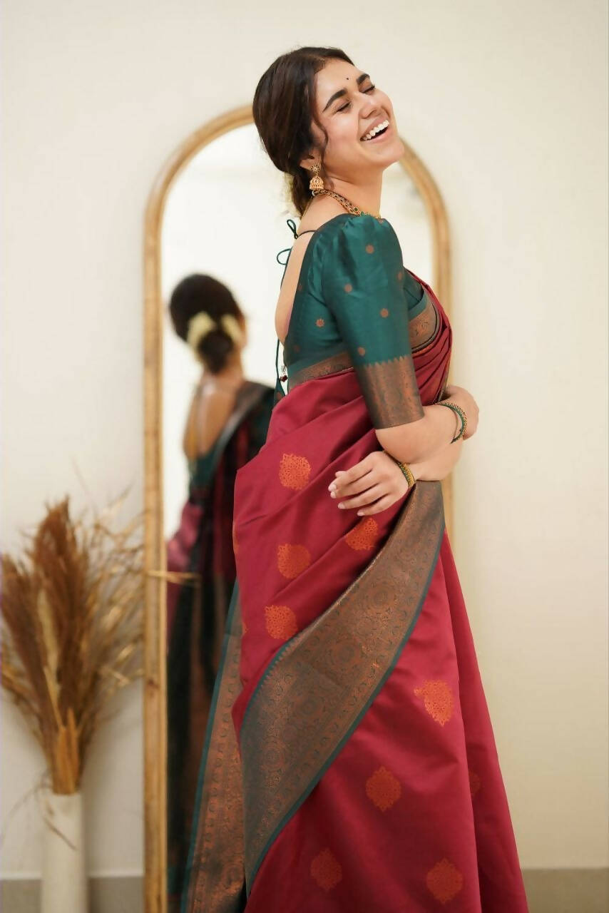 DEIANA'S Beautiful Designer Golden zari Soft Lichi Silk Saree - Maroon