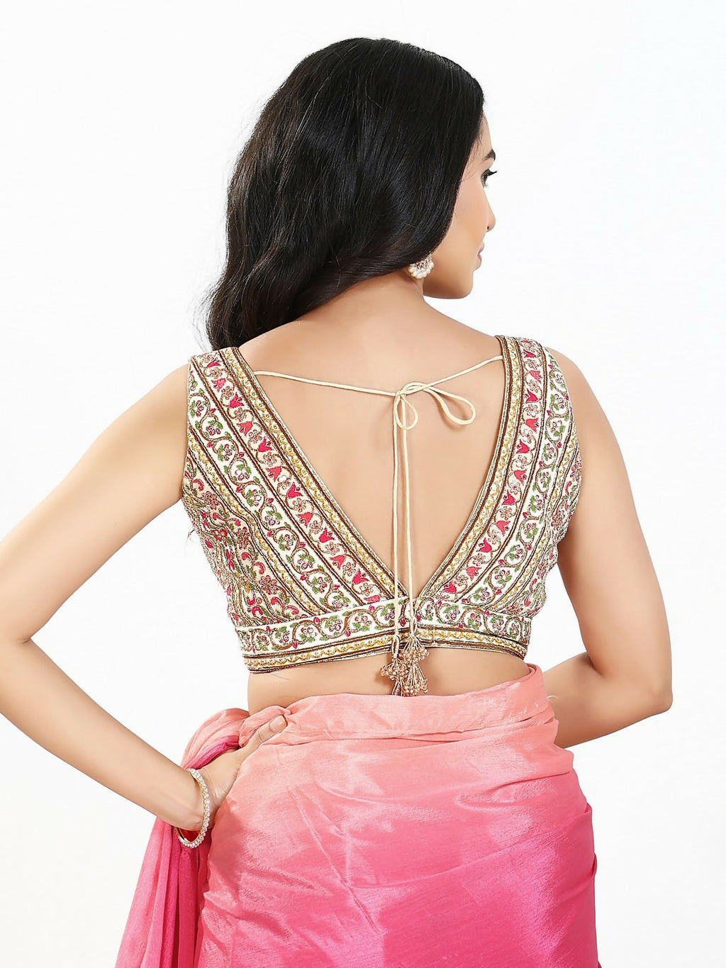 Joban Fashion Cream Multi Georgette Padded Blouse With V Neck Sleeveless - Distacart