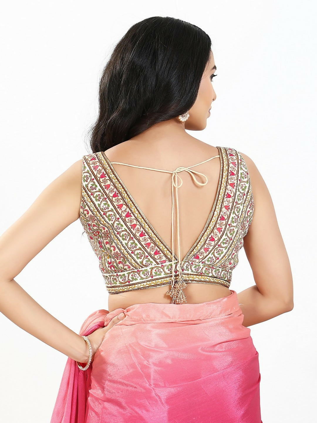 Joban Fashion Cream Multi Georgette Padded Blouse With V Neck Sleeveless - Distacart