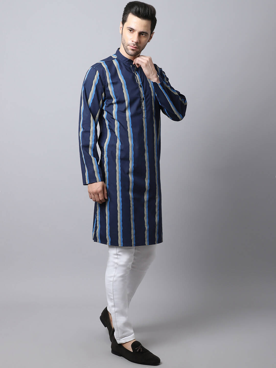 Even Apparels Navy Pure Cotton Men's Kurta With Band Collar - Distacart