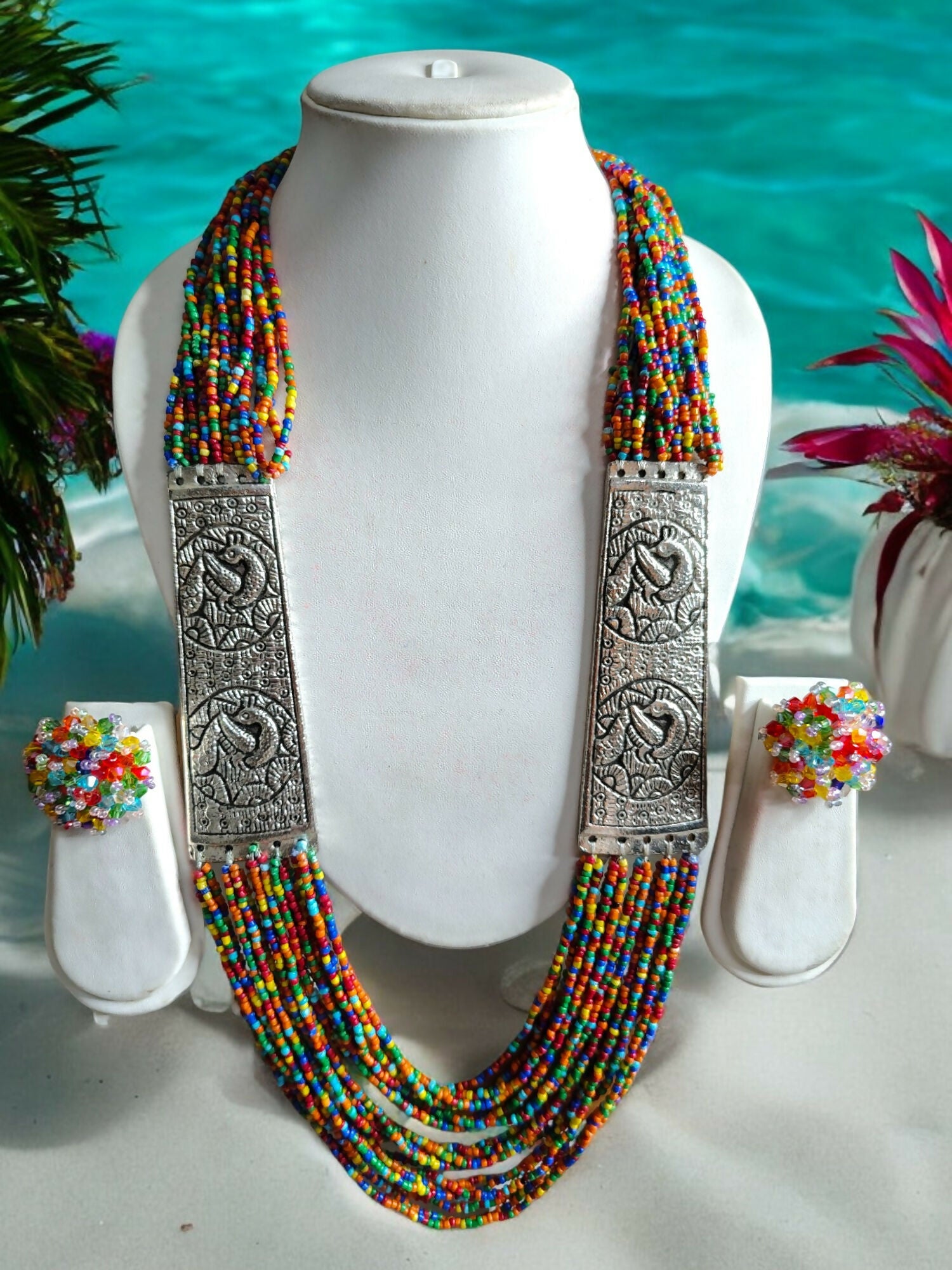 Inhanns Saree Shobha Statement Necklace & Earring Set - Multicolour Necklace With Earrings